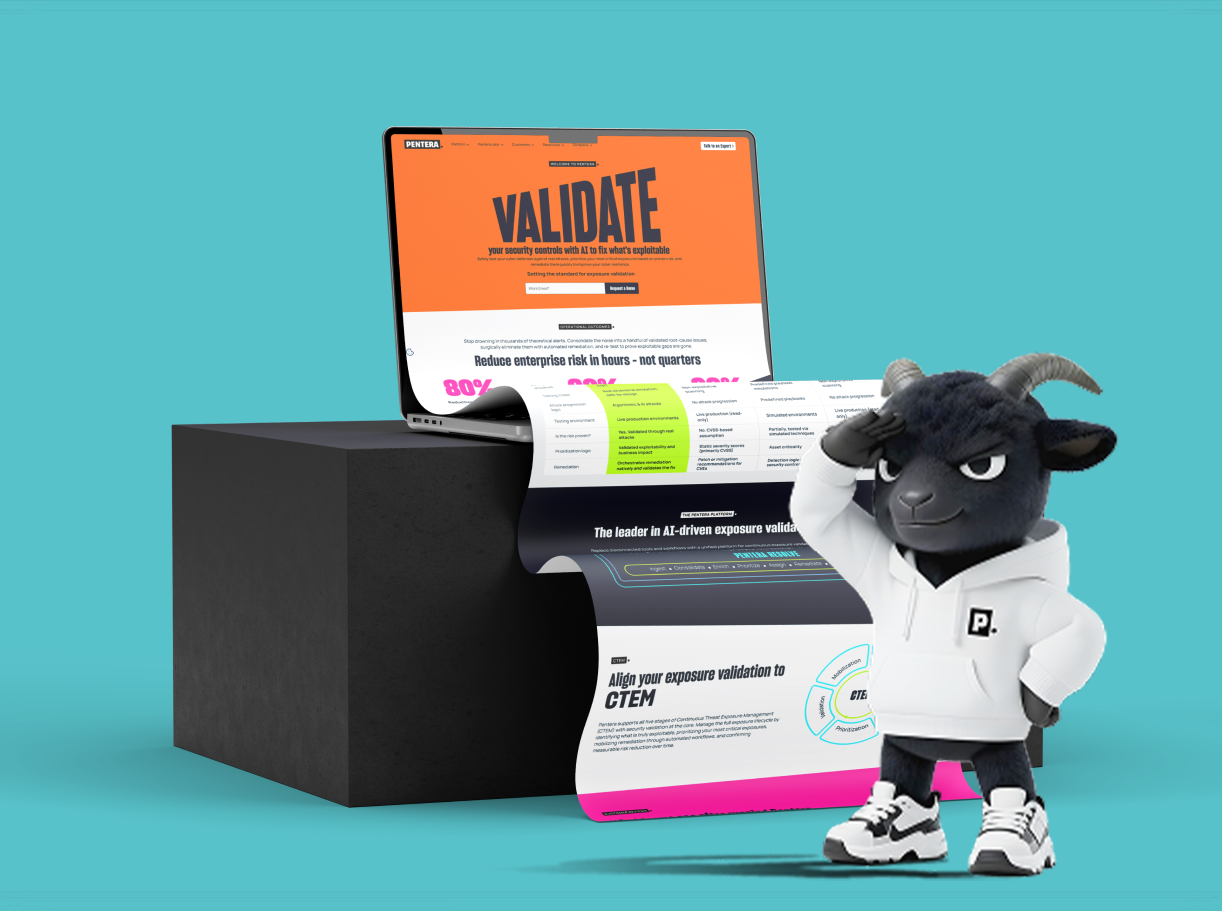 Laptop and mobile mockups of the Pentera website with goat mascot character