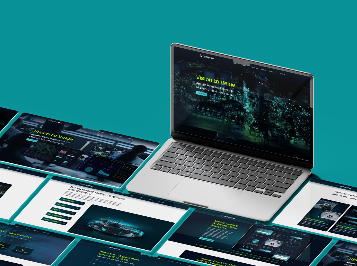 Laptop mockup showing Cynapse.ai website screens on teal background
