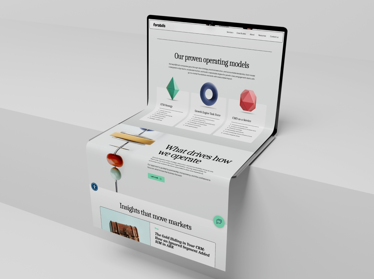 Forabilis website laptop mockup: proven operating models section
