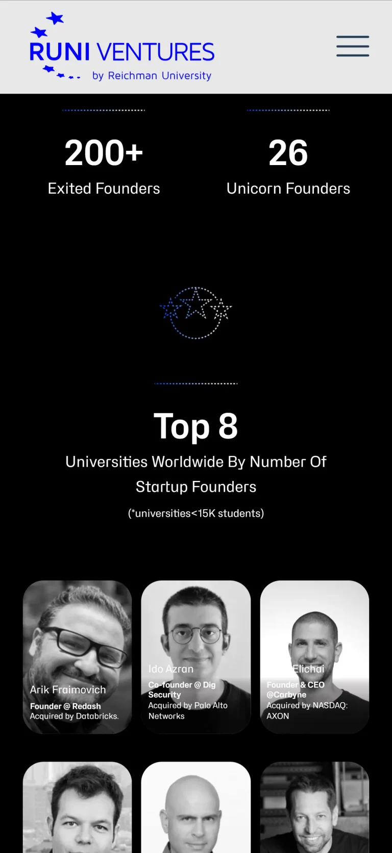 RUNI Ventures website on mobile, screen 2