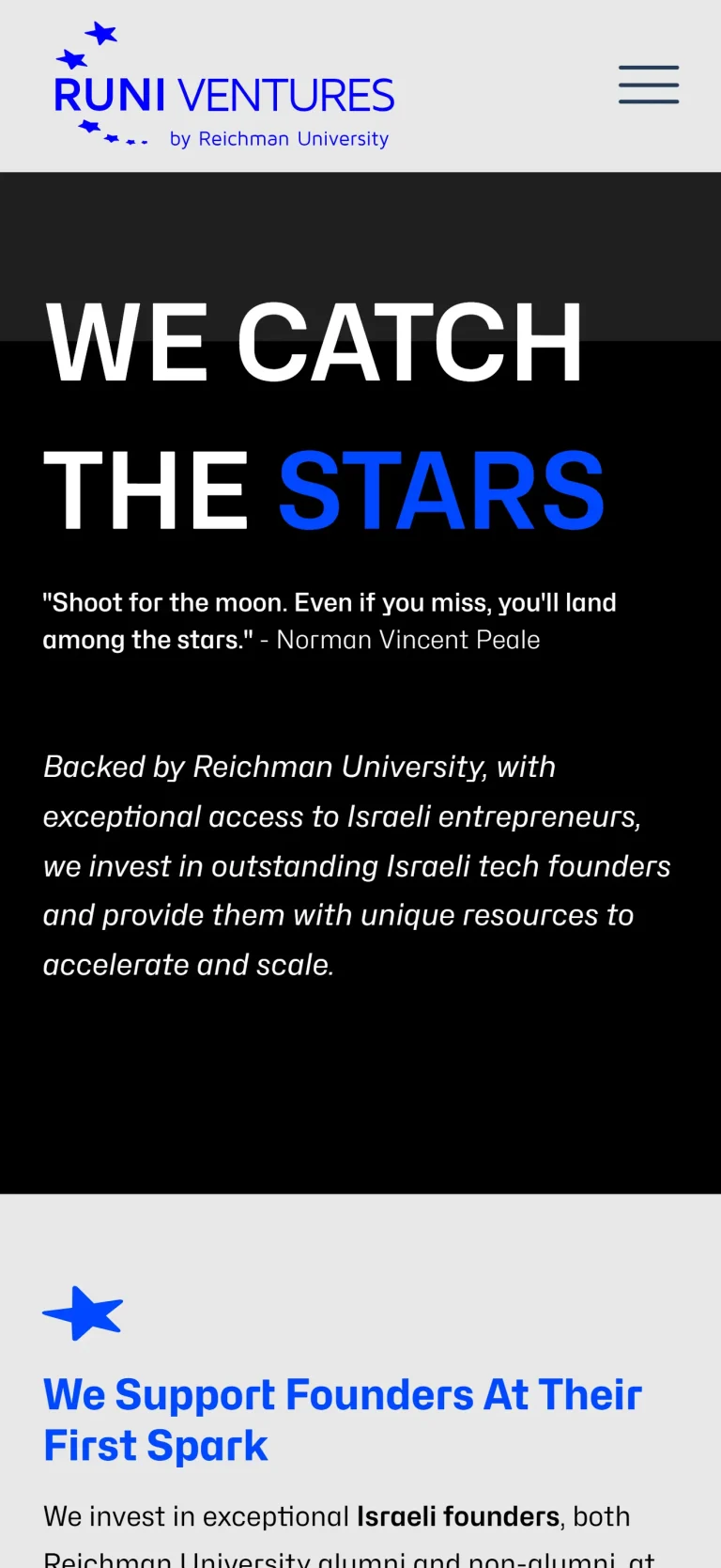 RUNI Ventures website on mobile, screen 1
