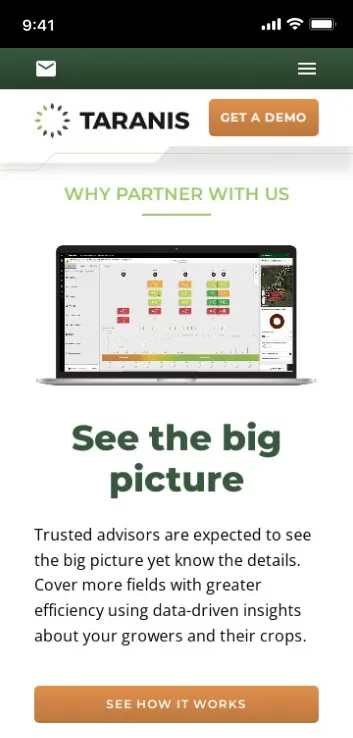 Taranis website on mobile, screen 1