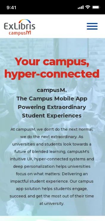 Ex Libris campusM website on a phone, screen 1