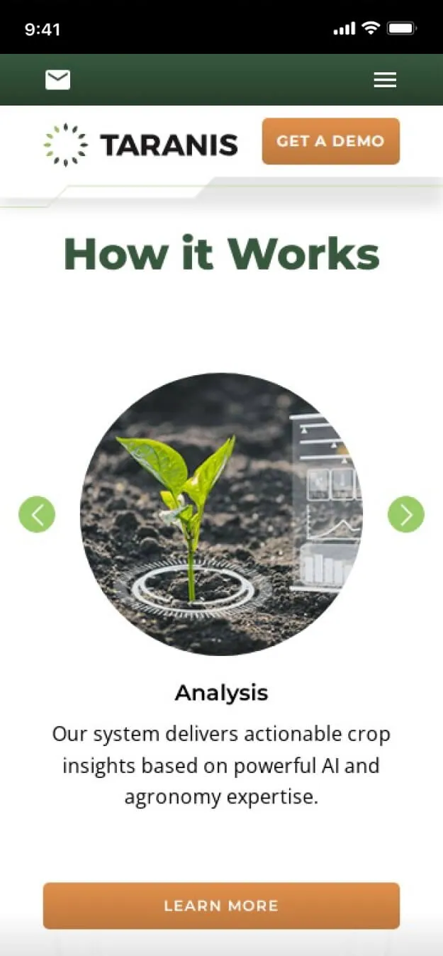 Taranis website on mobile, screen 2