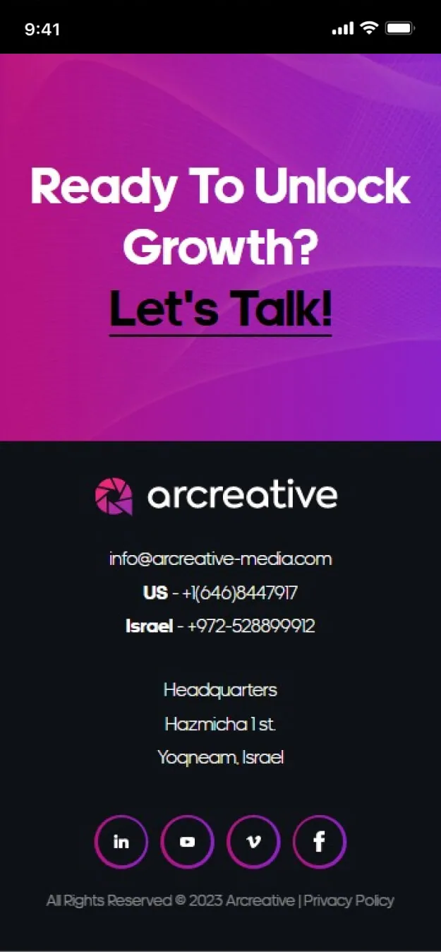 האתר של Arcreative בטלפון, מסך 2