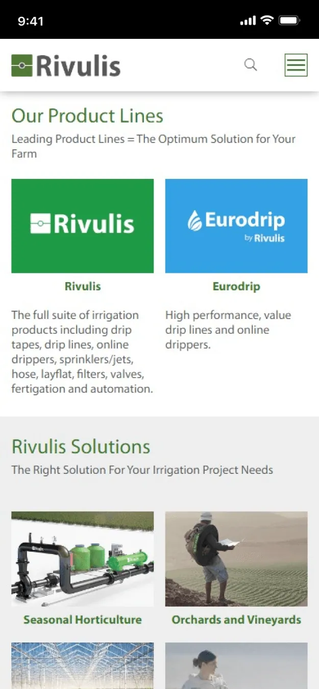 Rivulis website on a phone, screen 2
