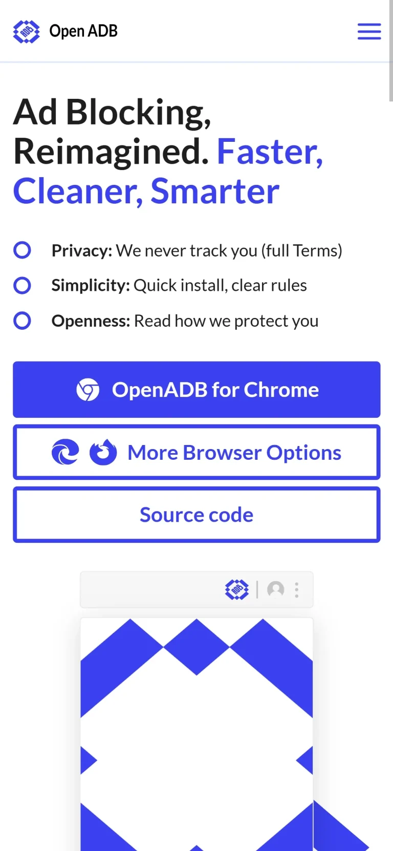 האתר של Open AdBlocke בטלפון, מסך 1
