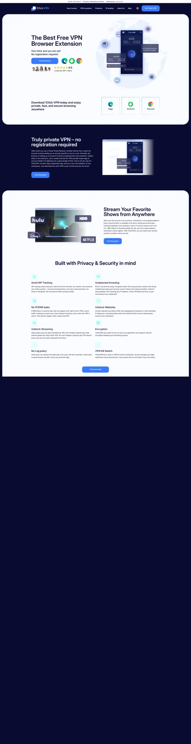 Full-page screenshot of the 1clickVPN website